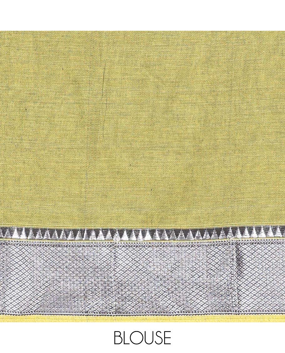 Green cotton half saree with contrast zari border, plain blouse & plain with zari border dhavani