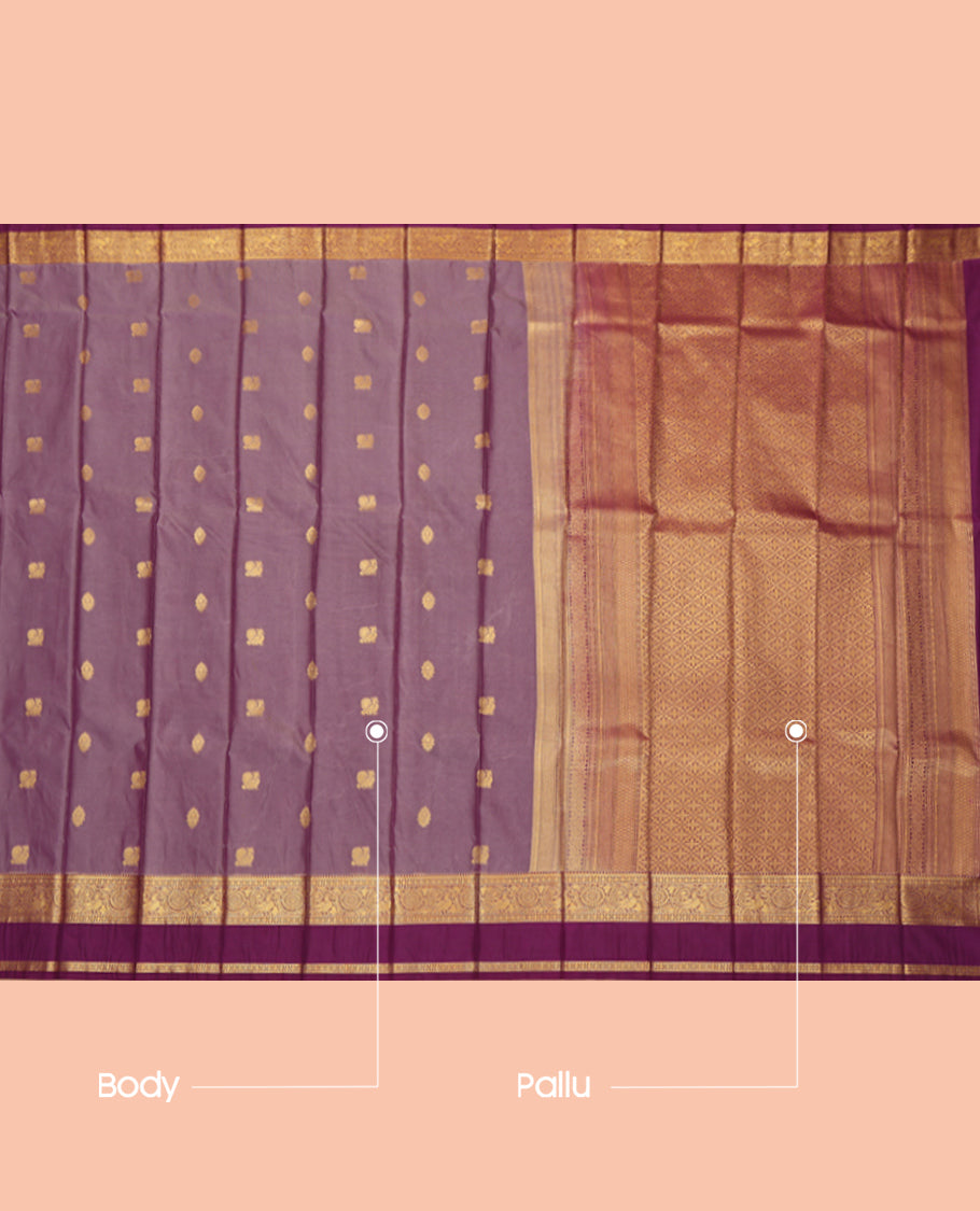 Purple Budget Silk Saree, Mesmerized with Peacock-Floral Buttas, a Contrast Traditional Zari Border, a Jaal Pallu and a Contrast Blouse