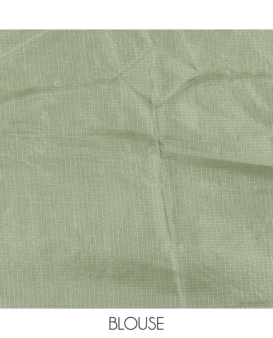 Parrot green star flower motifs chikankari-style embroidered kota check saree, lace border & matching checked blouse