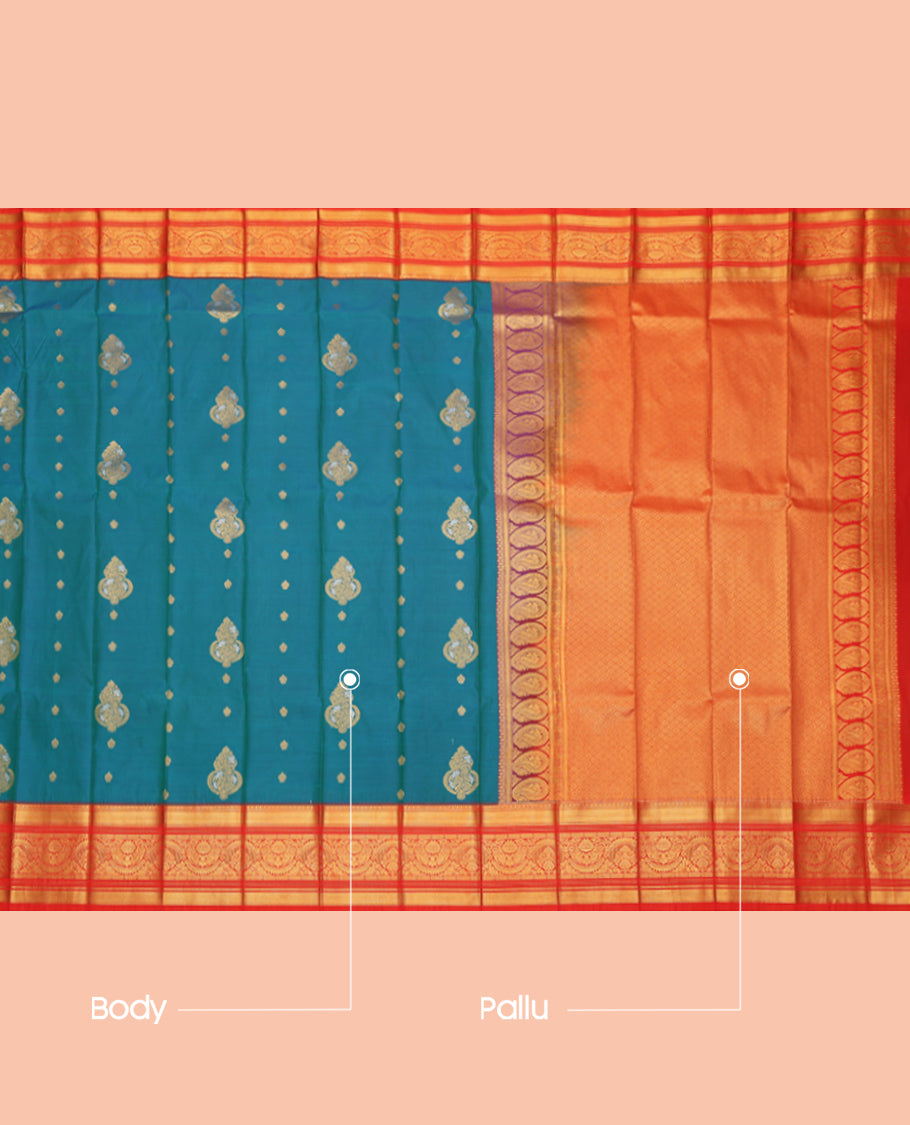 Blue Budget Silk Saree, Enlivened with Zari Buttas, Complemented by Contrast Traditional Zari Border, a Jaal Pallu and a Contrast Blouse