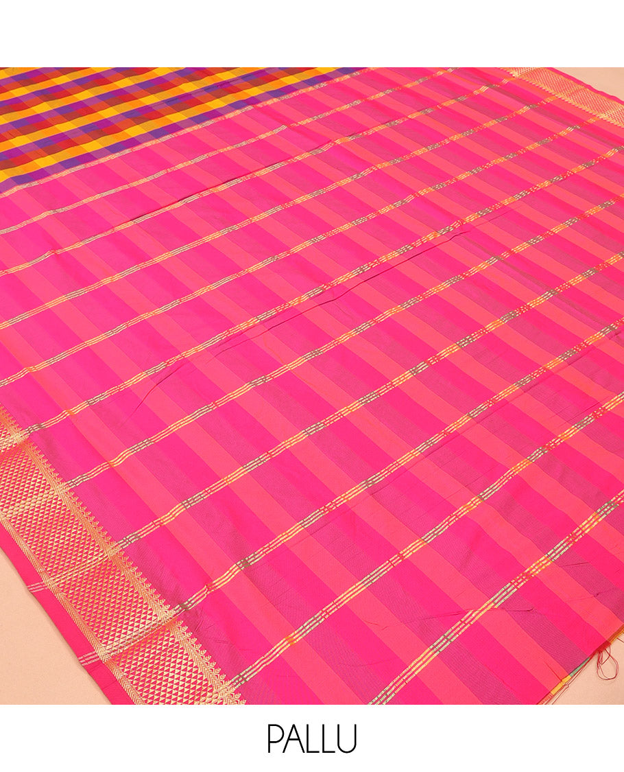 Multi-Color Palum Pazhamum Checked Nine-Yard Saree, Gleamed up with a Ara Maadam Border, Contrast Pallu of Stripes, and No Blouse