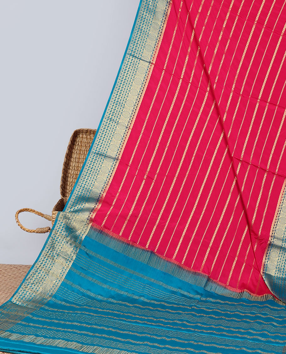 Red zari striped design mysore silk saree with contrast traditional zari border & striped zari pallu