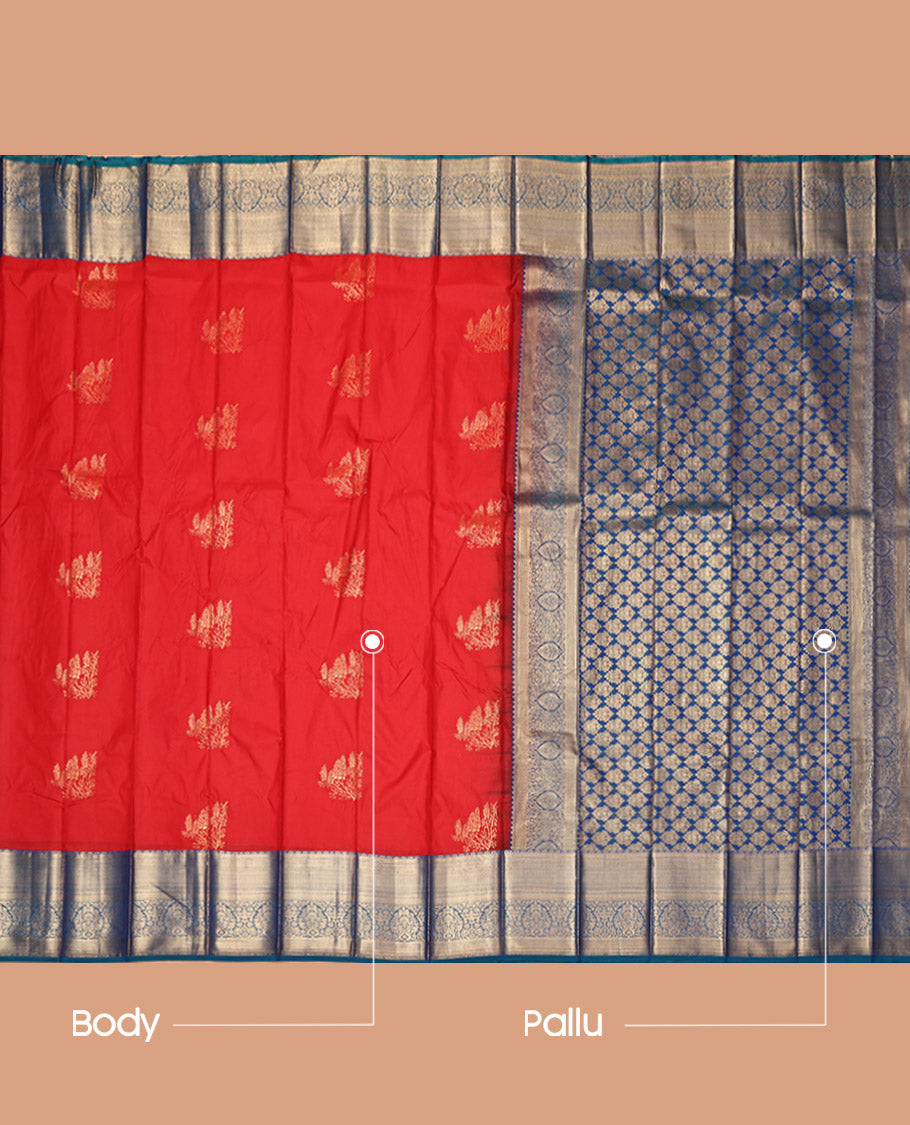 Red Budget Silk Saree, Detailed with Zari Buttas, Contrast Traditional Zari Border, Grand Pallu, and a Contrast Blouse