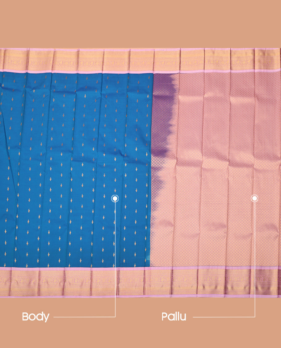 Blue Budget Silk Saree, Mesmerized with Zari Buttas All Over Its Body, Complemented by a Contrast Traditional Zari Design Border, Grand Jaal Pallu, and Paired with a Contrast Blouse