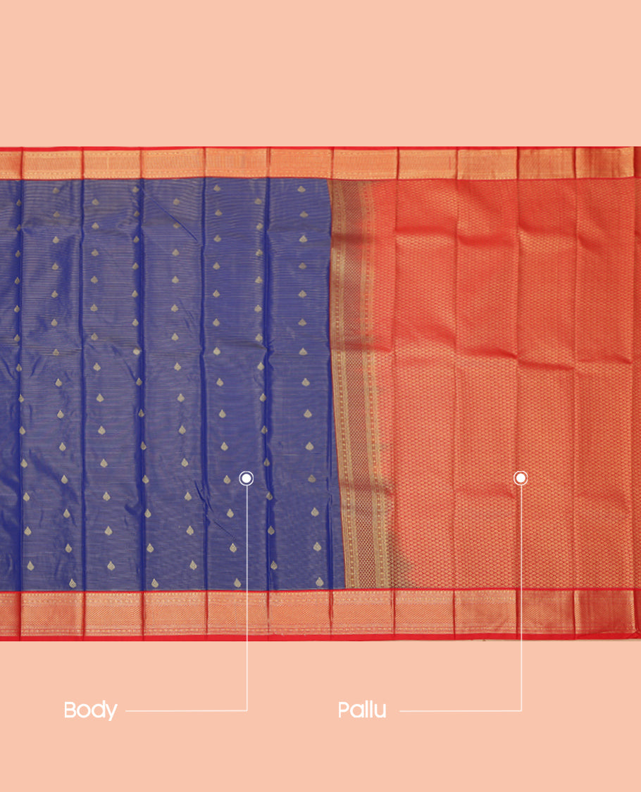 Blue Budget Silk Saree, Beautified with Zari Buttas and Stripes, a Contrast Traditional Zari Border, Grand Pallu, and a Contrast Blouse