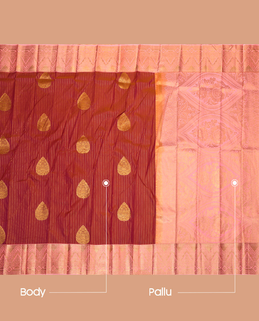 Dark Peach Budget Silk Saree, Adorned with Zari Buttas and Stripes, Complemented by a Contrast Traditional Border, Grand Pallu, and a Contrast Blouse