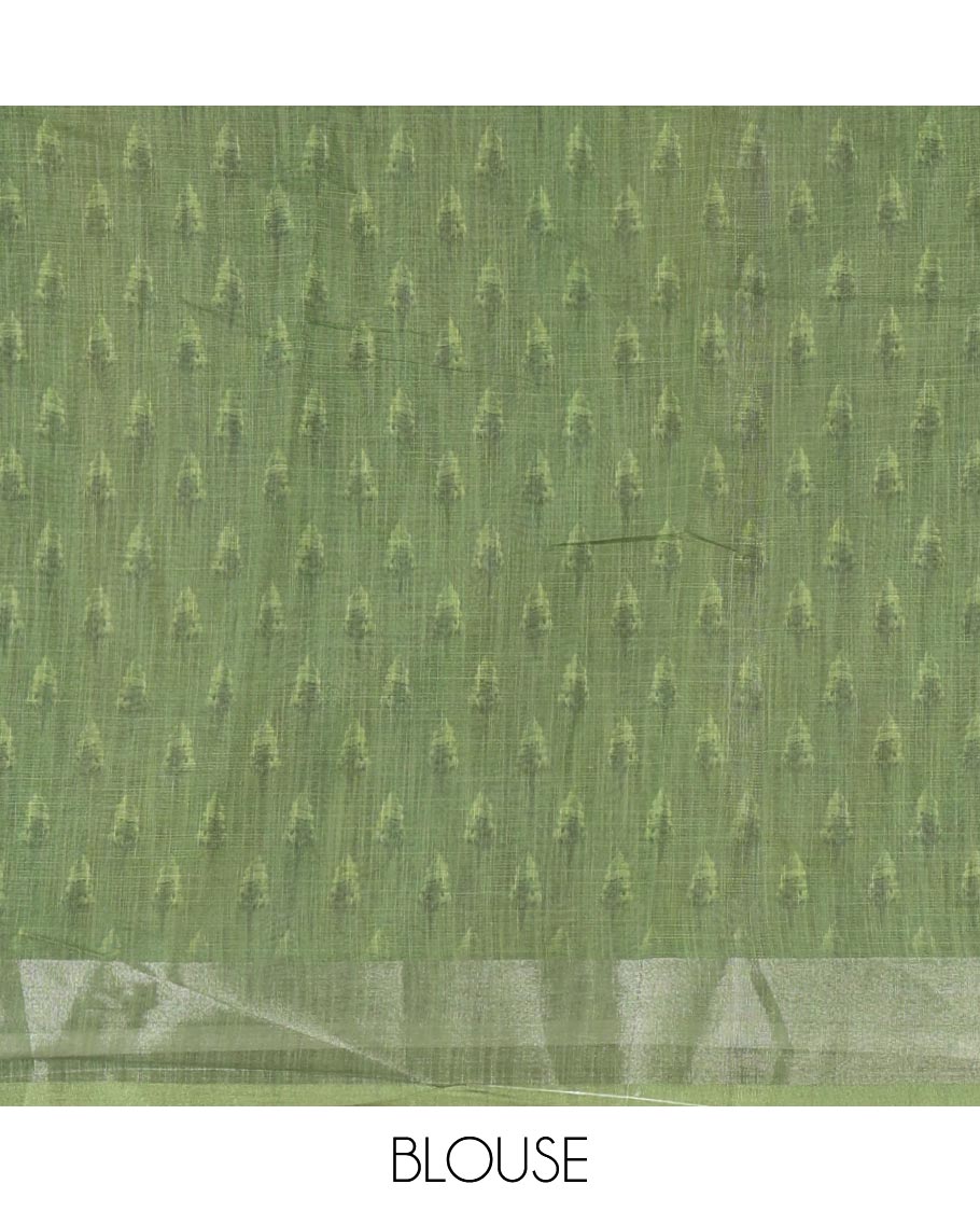 Green-base colorful vertical stripes printed linen cotton saree, silver zari bavanji border, ice cream motifs printed pallu & contrast printed blouse