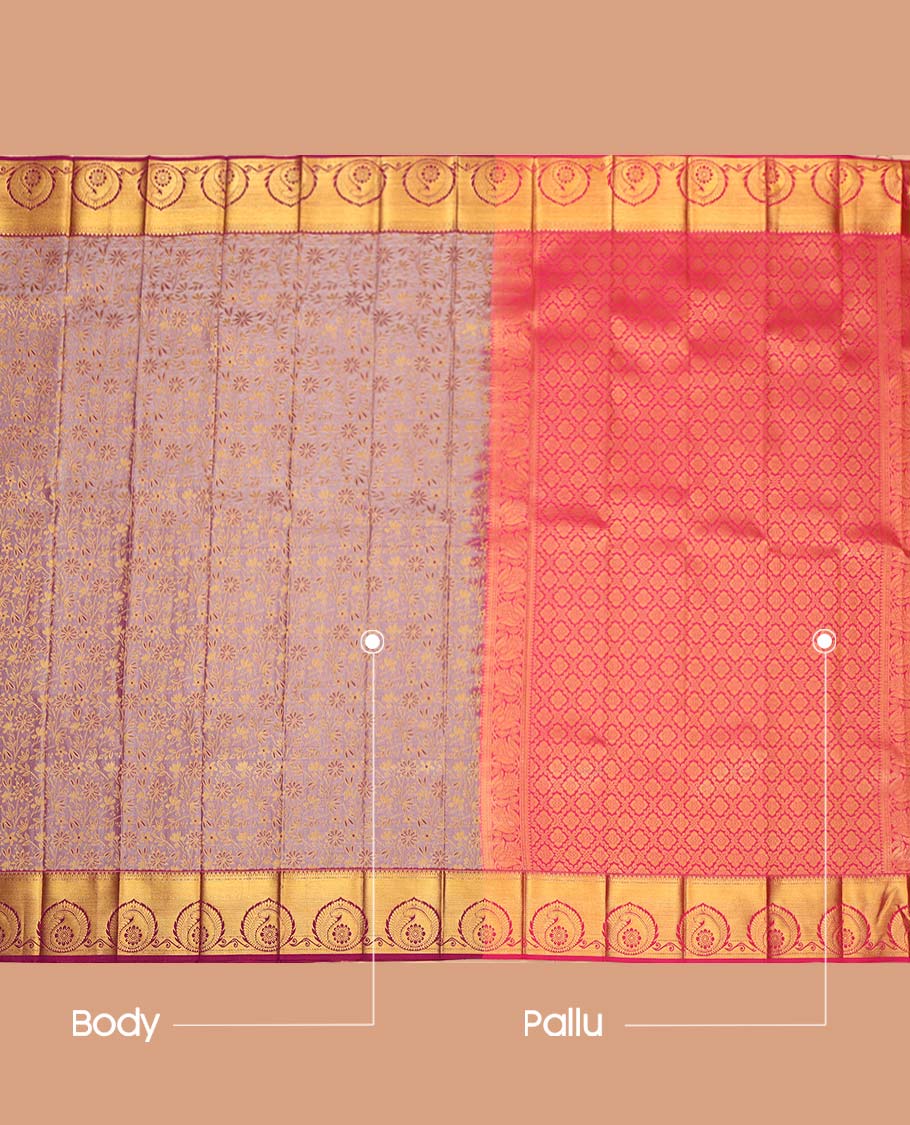 Onion Color Budget Silk Saree, Delicately Woven Floral Jacquard Design, Complemented by Contrast Traditional Zari Border, a Jaal Pallu and a Contrast Blouse