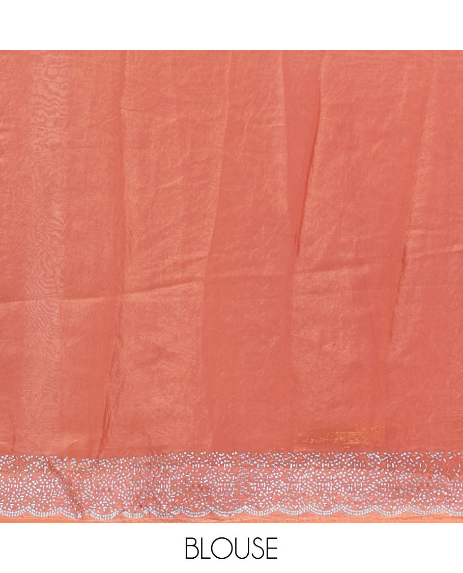 Onion Pink Swarovski crystal stone embedded fendy chiffon saree, scallop Swarovski stone embroidered border, and contrast plain blouse