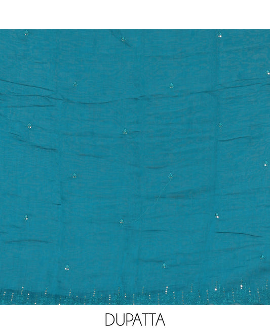 Rama green material chudidar set, Kashmir embroidered and sequins work mul chanderi top, plain santoon bottom, and scallop embroidered dupatta