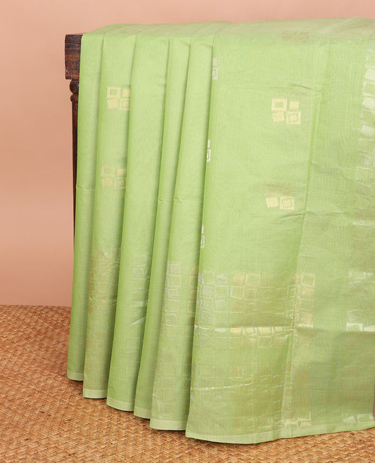 Borderless green zari geometric motifs Combatiore cotton saree, contrast geometric design pallu