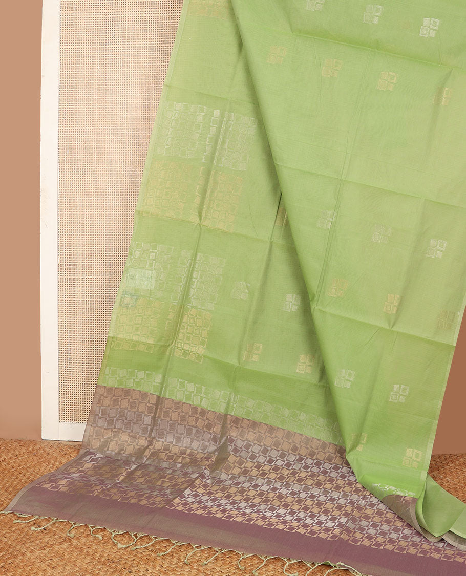 Borderless green zari geometric motifs Combatiore cotton saree, contrast geometric design pallu