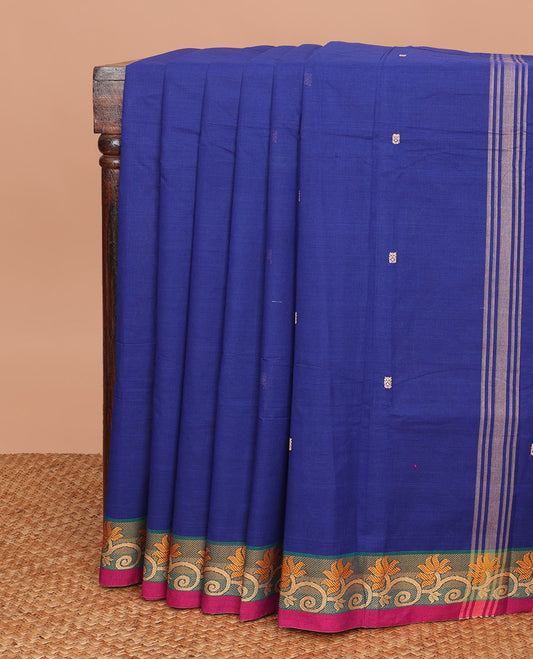 Ultramarine blue buttas Chettinad cotton saree, contrast uniquely woven floral creeper border & striped pallu