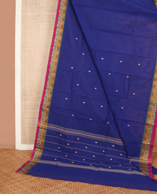 Ultramarine blue buttas Chettinad cotton saree, contrast uniquely woven floral creeper border & striped pallu