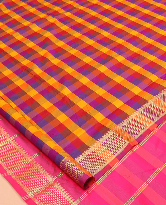 Multi-Color Palum Pazhamum Checked Nine-Yard Saree, Gleamed up with a Ara Maadam Border, Contrast Pallu of Stripes, and No Blouse