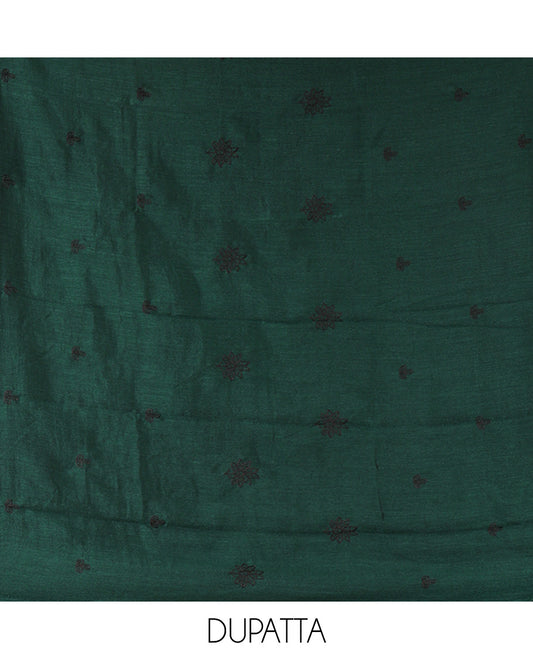 Bottle Green Vichitra Silk Material Chudidar Set Featuring Sequins-Thread-Embroidered Top, a Santoon Bottom, and a Matching Scallop-Embroidery Dupatta