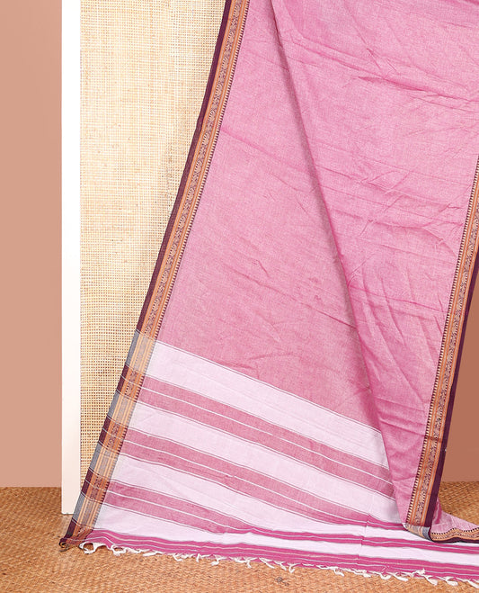 Pink Plain Narayanpet Cotton Saree, Complemented by a Contrast Traditional Thread Border of Peacock and Elephant Designs, Vibrant Pallu, and Paired with a Matching Blouse