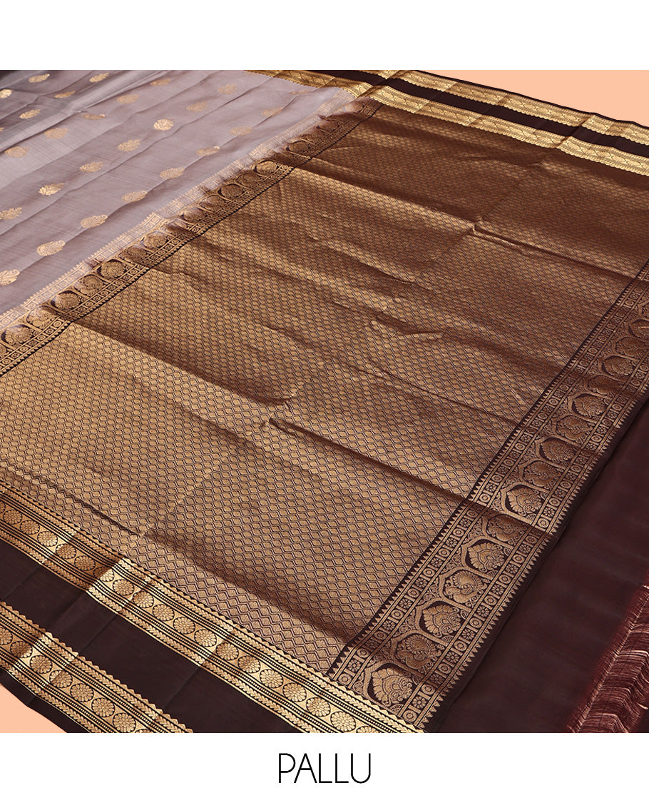 Grey Mayuri Lite Silk Mix Saree, Bedecked with Zari Buttas All Over Its Body, Complemented by Contrast Rettai Pettu Border of Rekku, Kathir, Muthu, Banaras, and Laddu Kamalam Designs, Jaal Pallu, and Paired with Contrast Blouse