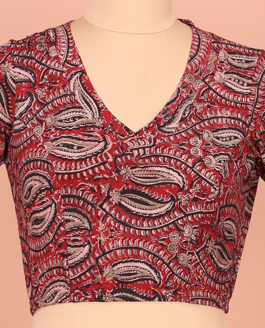 Light Maroon Cotton Readymade Blouse Decorated with All-Over Kalamkari Floral Print, Front V-Neck, Back Closed Neck, and Elbow Sleeves