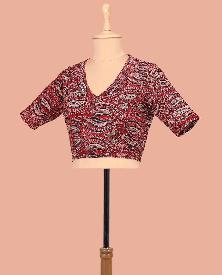 Light Maroon Cotton Readymade Blouse Decorated with All-Over Kalamkari Floral Print, Front V-Neck, Back Closed Neck, and Elbow Sleeves