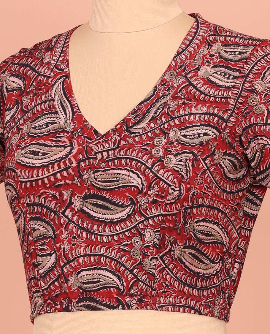 Light Maroon Cotton Readymade Blouse Decorated with All-Over Kalamkari Floral Print, Front V-Neck, Back Closed Neck, and Elbow Sleeves
