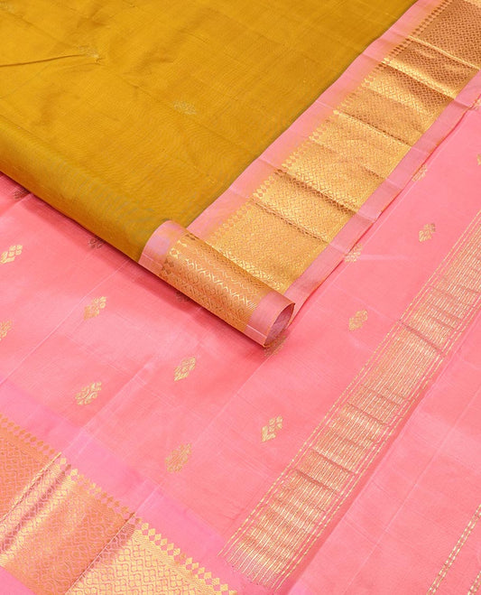Musatrd buttas kancheepuram silk saree with contrast border of rekku, banaras design & zari design pallu