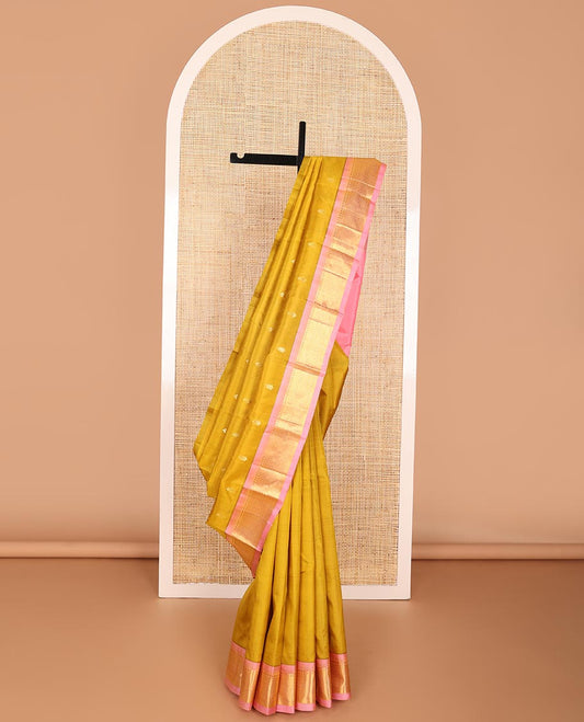 Musatrd buttas kancheepuram silk saree with contrast border of rekku, banaras design & zari design pallu