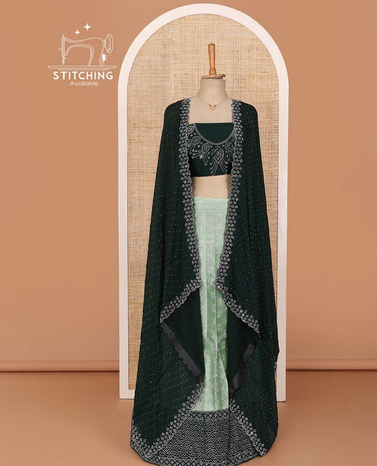 Pista green lehenga set, stone work with contrast embroidered border skirt, contrast stone work blouse, and micro stone work dupatta