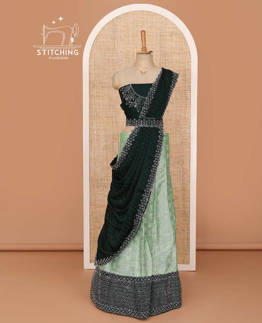 Pista green lehenga set, stone work with contrast embroidered border skirt, contrast stone work blouse, and micro stone work dupatta