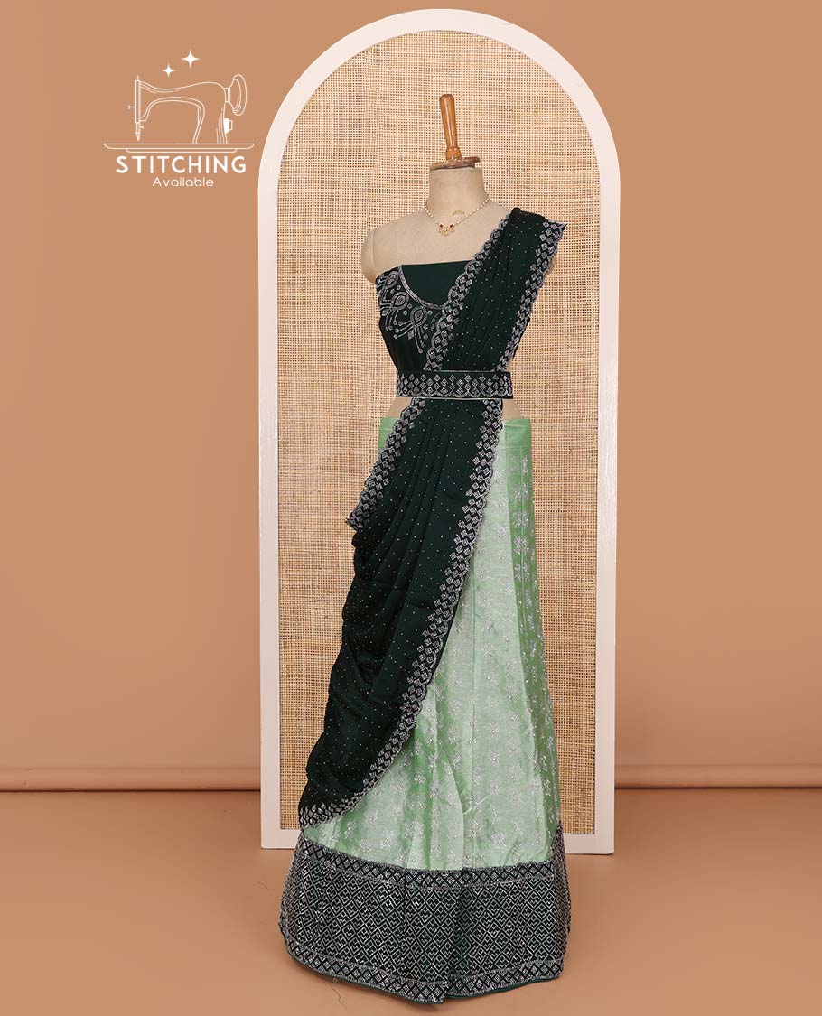 Pista green lehenga set, stone work with contrast embroidered border skirt, contrast stone work blouse, and micro stone work dupatta