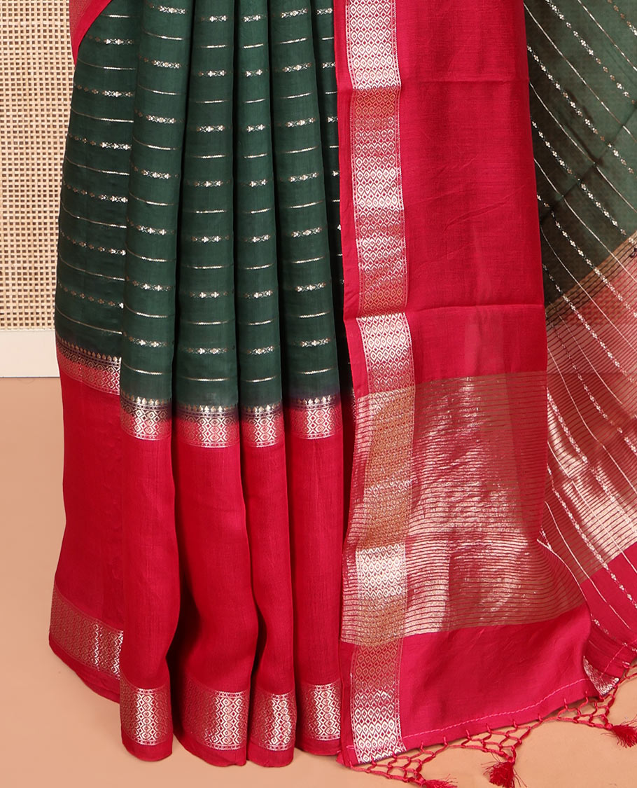 Green Zari Striped Assam Silk Saree, Complemented by a Contrast Traditional Zari Border, Gleaming Zari-Striped Pallu, and a Contrast Blouse