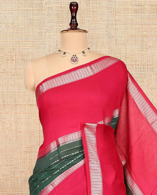 Green Zari Striped Assam Silk Saree, Complemented by a Contrast Traditional Zari Border, Gleaming Zari-Striped Pallu, and a Contrast Blouse