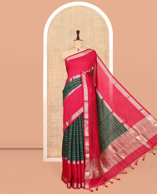 Green Zari Striped Assam Silk Saree, Complemented by a Contrast Traditional Zari Border, Gleaming Zari-Striped Pallu, and a Contrast Blouse