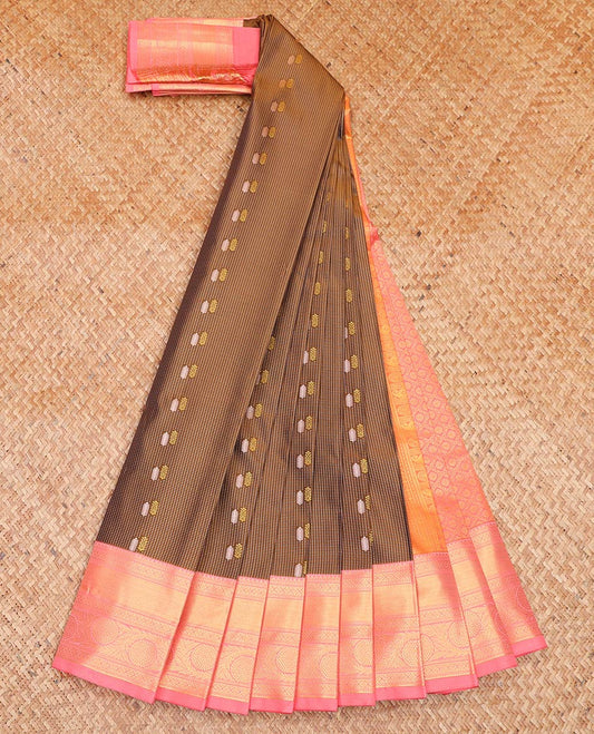 Brown Budget Silk Saree, Adorned with Zari Buttas All Over Its Body, Complemented by a Contrast Traditional Zari Design Border, Intricate Jaal Pallu, and Paired with a Contrast Blouse