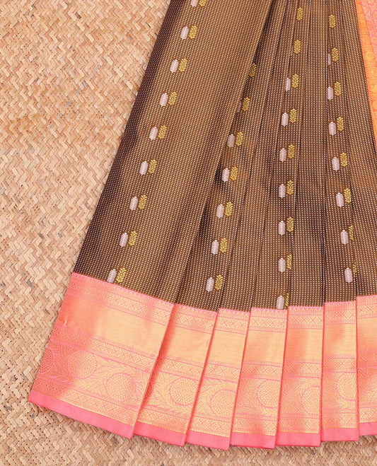 Brown Budget Silk Saree, Adorned with Zari Buttas All Over Its Body, Complemented by a Contrast Traditional Zari Design Border, Intricate Jaal Pallu, and Paired with a Contrast Blouse