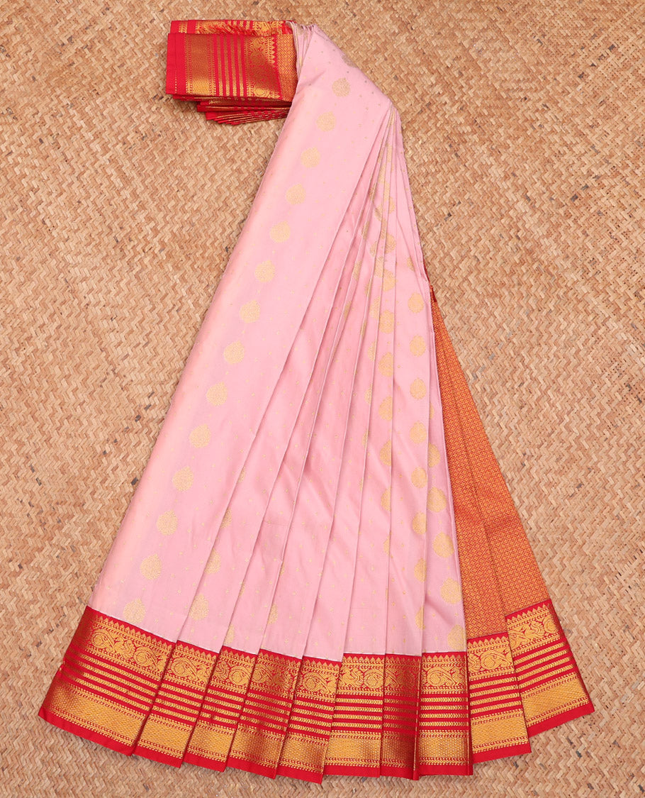 Pink Budget Silk Saree, Subtly Sparkled with Zari Buttas, Complemented by a Contrast Traditional Border, Grand Pallu, and a Contrast Blouse