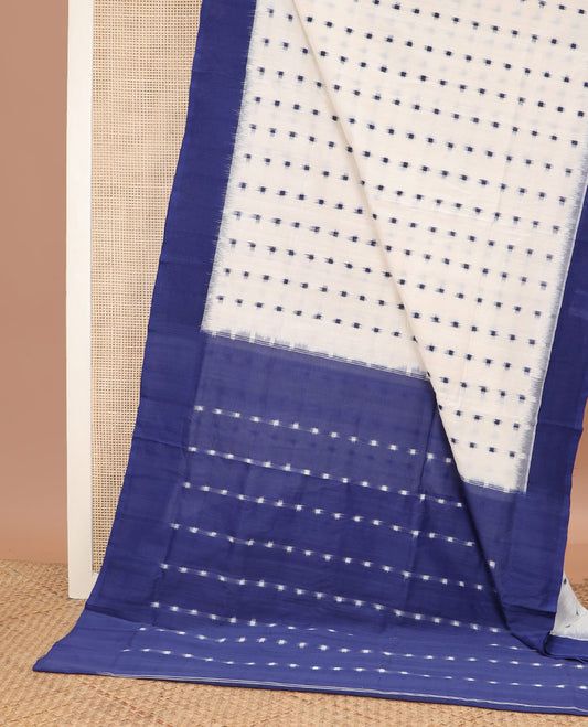 White square buttas Pochampally ikkat saree, contrast plain border, and square buttas pallu