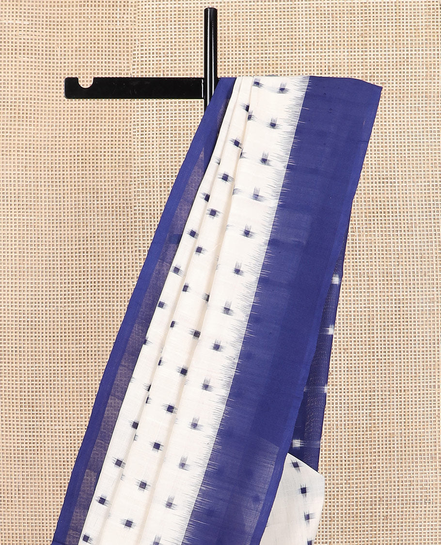 White square buttas Pochampally ikkat saree, contrast plain border, and square buttas pallu
