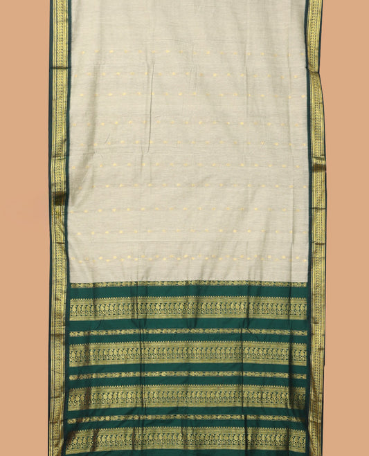 Grey buttas nine-yard cotton saree, contrast traditional zari border, and pallu of traditional designs