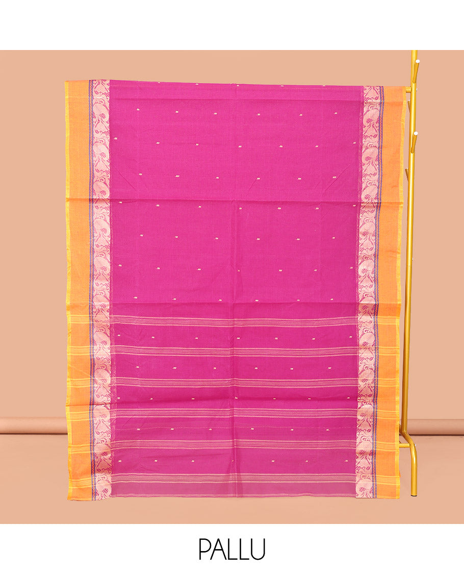 Rani Pink Bengal Cotton Saree, Crafted with Buttas, a Contrast Floral-Paisley Border, Pallu of Stripes and Buttas, and a Matching Blouse