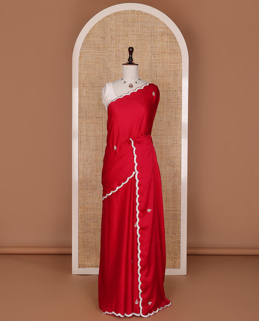Red embroidered stone motifs designer saree with scallop crystal stone work border
