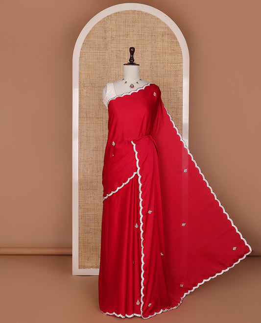 Red embroidered stone motifs designer saree with scallop crystal stone work border