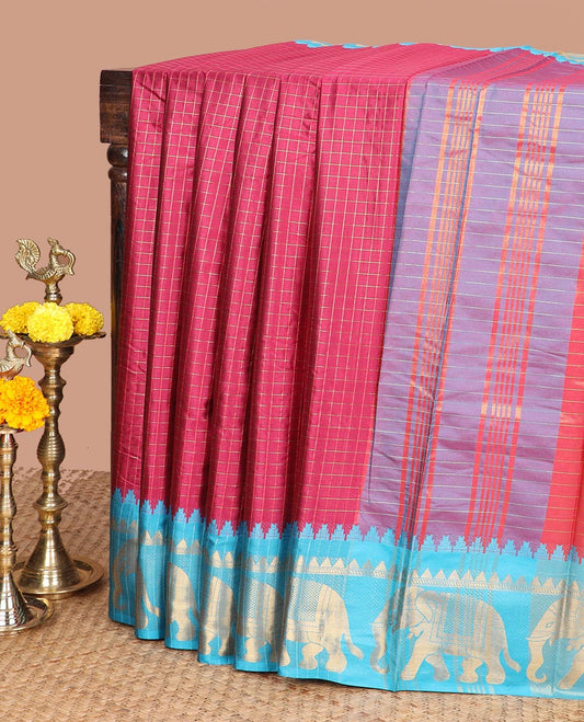 Rani pink zari checked design dola silk saree with contrast elephant design border & chit pallu along with checked design blouse