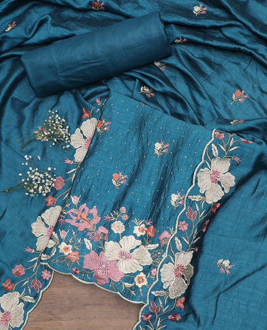 Blue material chudidar set, floral theme thread and stone embroidered top, plain bottom and scallop floral embroidered dupatta