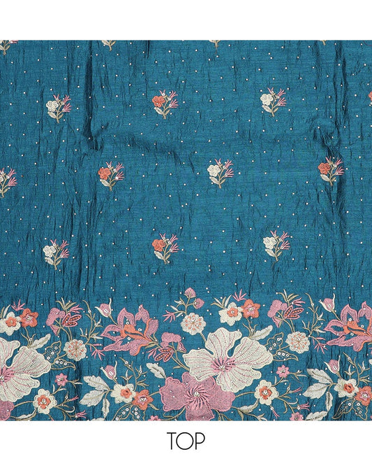 Blue material chudidar set, floral theme thread and stone embroidered top, plain bottom and scallop floral embroidered dupatta