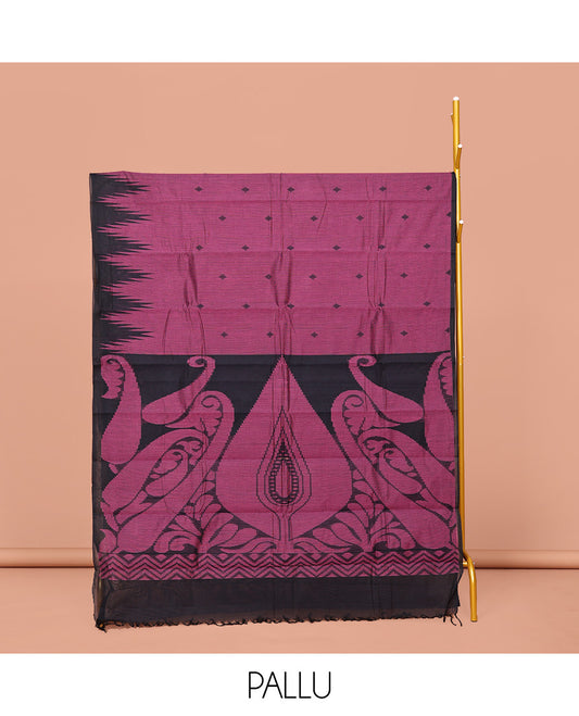 Purple Kanchi Cotton Saree, Enriched with Buttas on Its Body, Complemented by a Contrast Temple Border, a Pallu of Intricate Designs, and Paired with a Contrast  Blouse