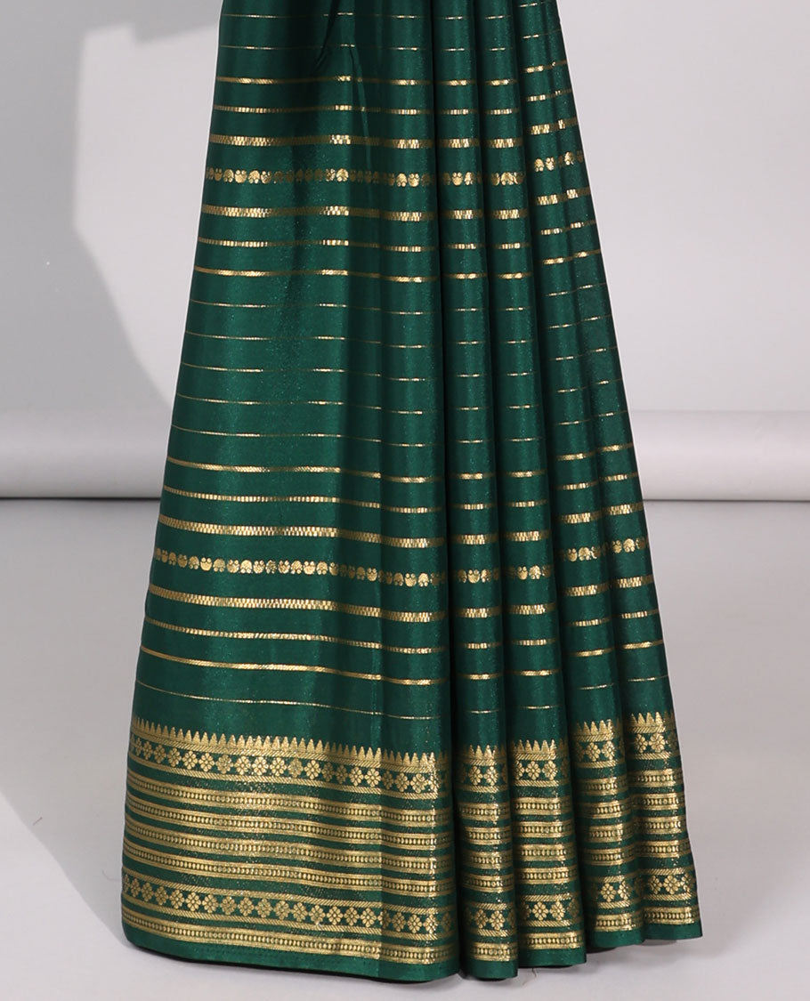 Green striped zari with floral embroidery mysore silk saree , contrast zari border & striped zari pallu