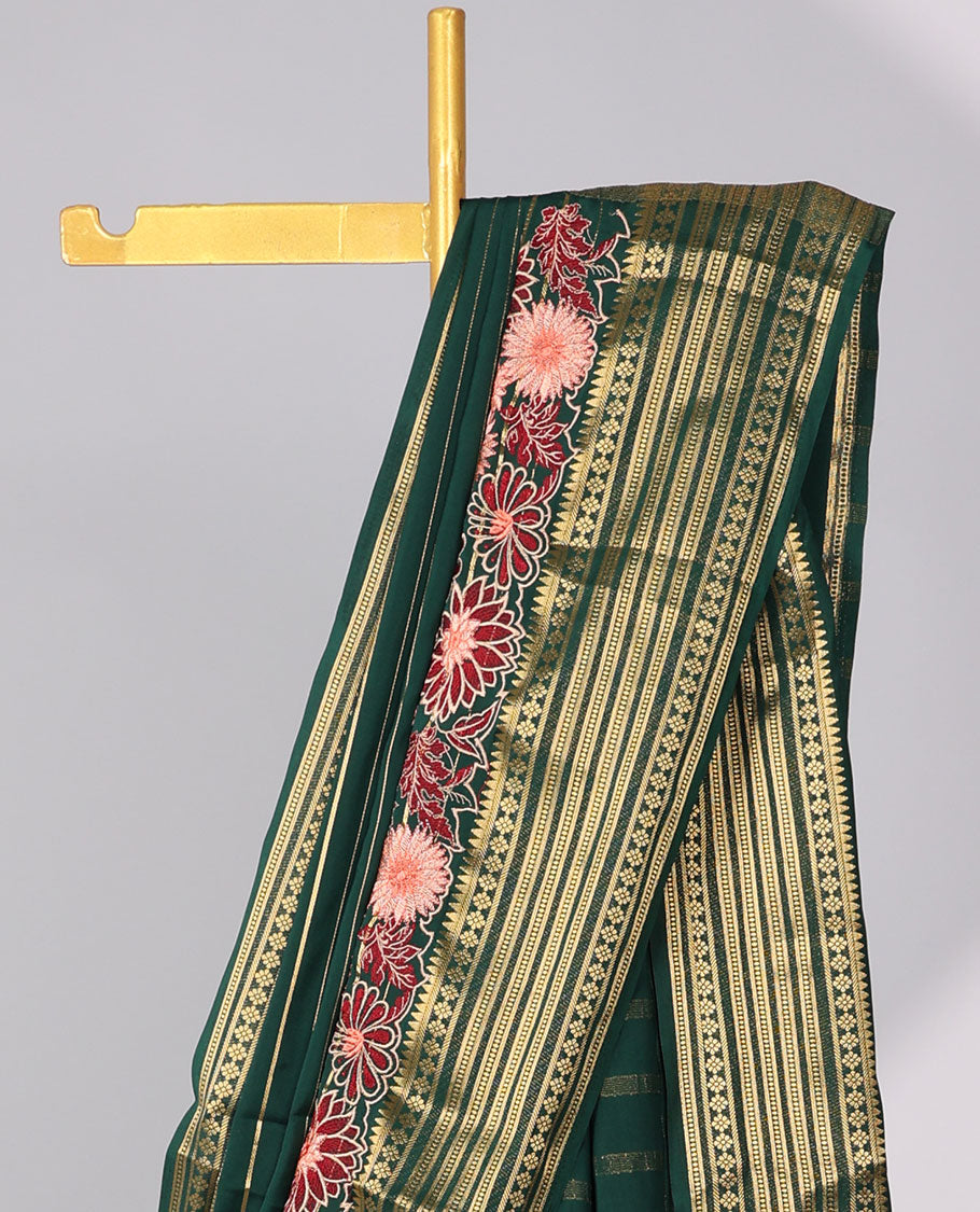 Green striped zari with floral embroidery mysore silk saree , contrast zari border & striped zari pallu