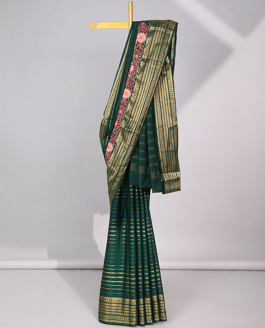 Green striped zari with floral embroidery mysore silk saree , contrast zari border & striped zari pallu