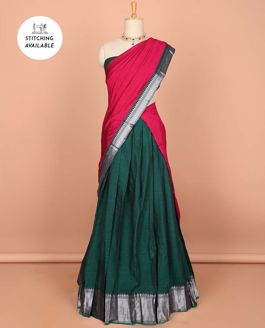 Violet cotton half saree with contrast zari border, plain blouse & plain with zari border dhavani